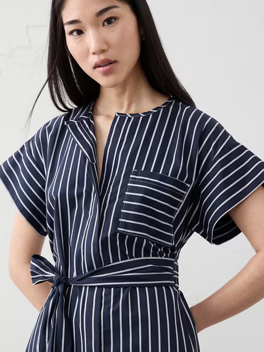 Banana Republic Navy & White Striped Midi Shirt Dress with Waist Tie - Picture 2 of 5
